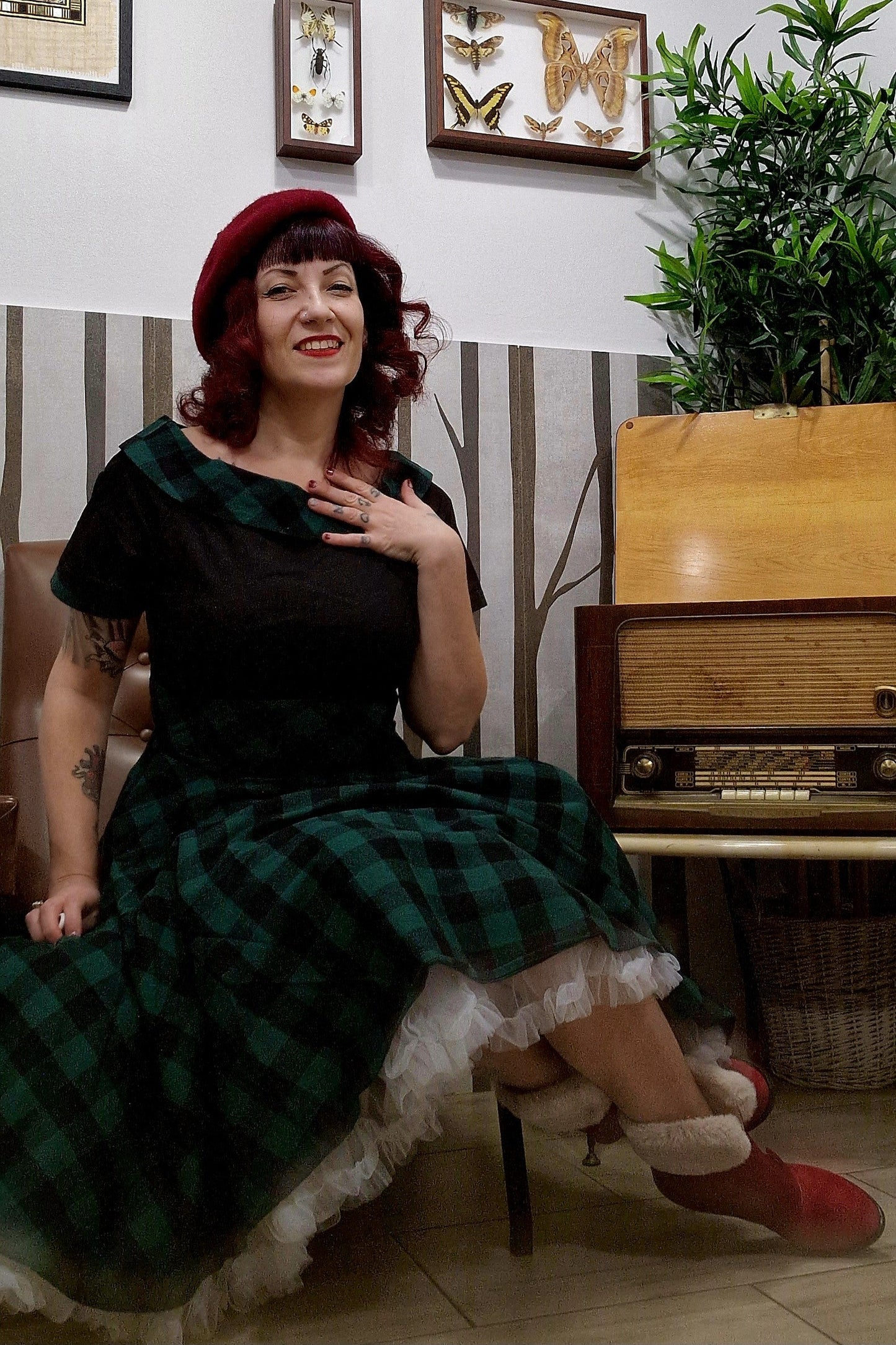 Darlene Retro Black & Green Tartan Swing Dress