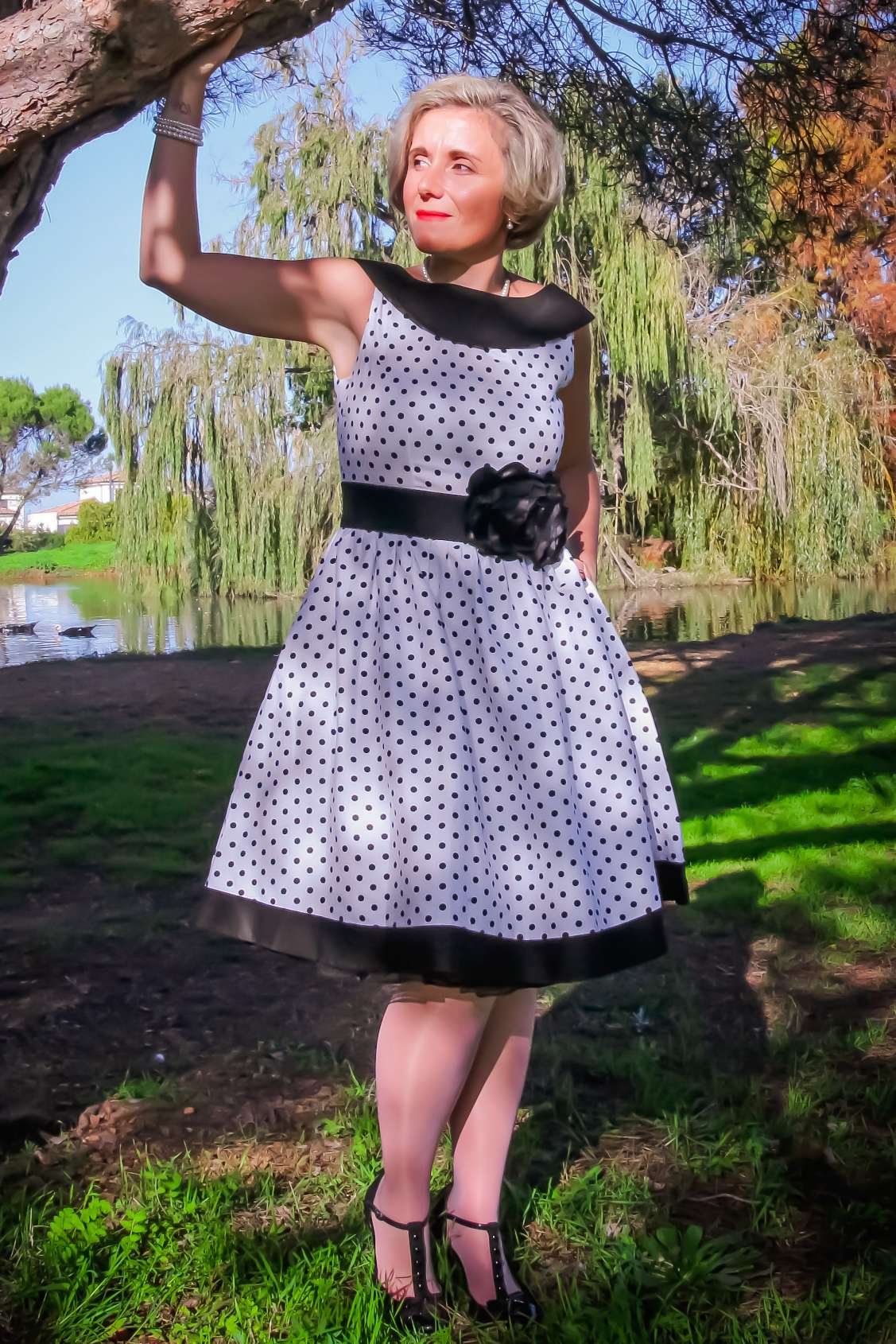 Cindy White & Black Polka Dot Circle Dress