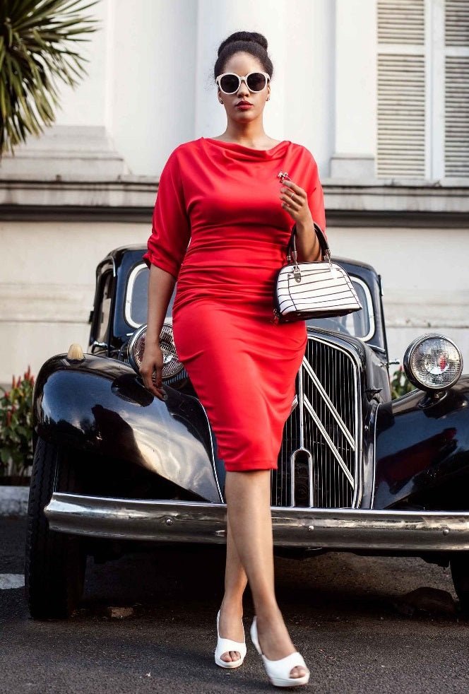 Diane Ruffled Waist & Long Sleeved Tight Wiggle Dress Red
