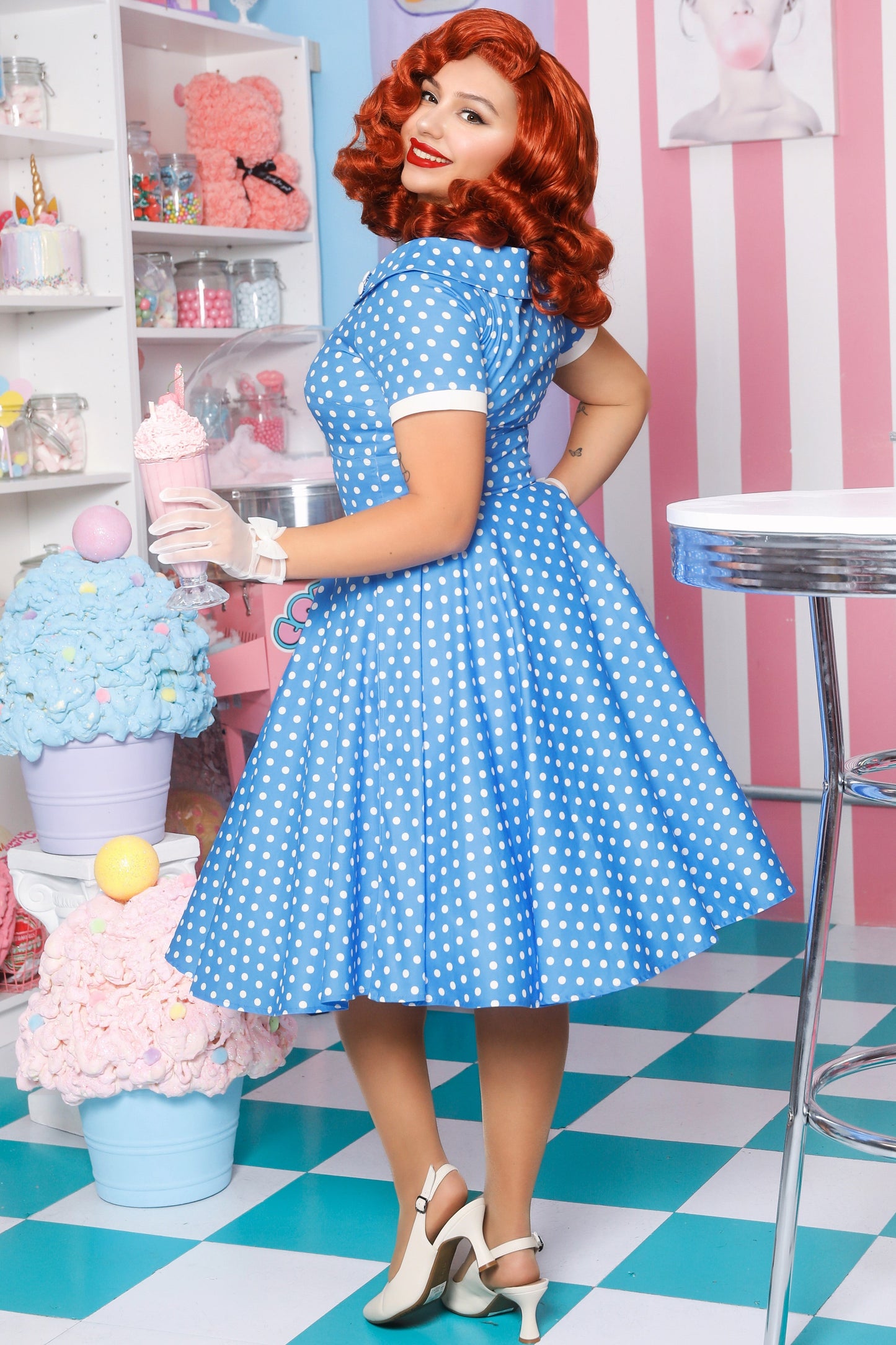 Darlene Polka Dot Circle Dress In Sky Blue