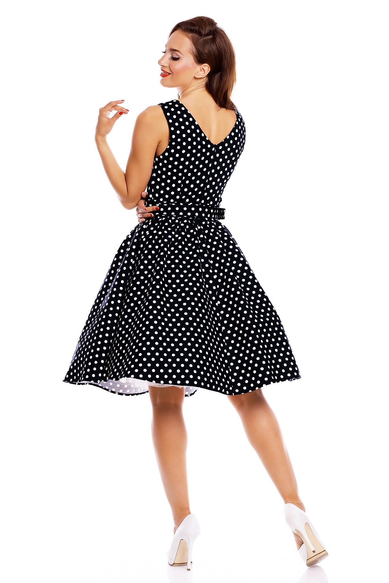 May Stylish V-neck Vintage Inspired Swing Dress in Black Polka Dots