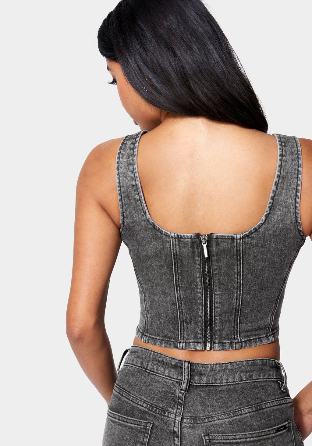 Sequin Trim Denim Bustier Top