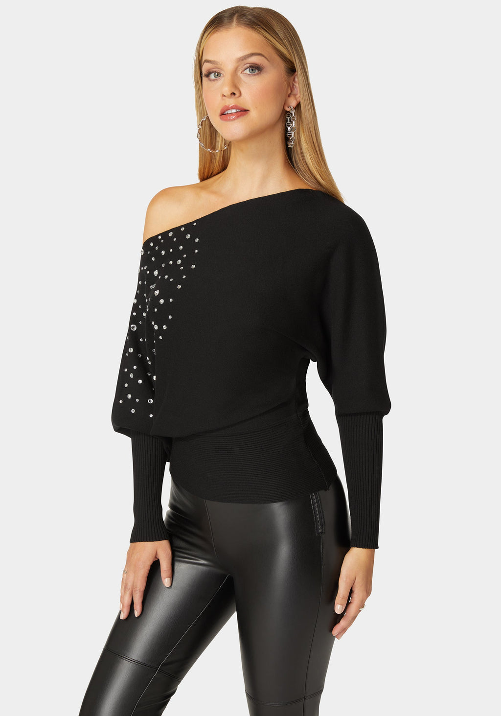 Off Shoulder Studded Dolman Sleeve Sweater