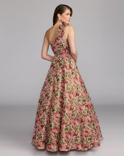 Beige One Shoulder Velvet Floral Ball Gown
