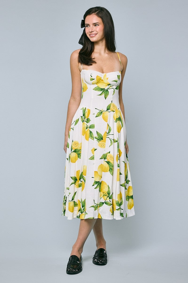 Yuri Sleeveless Lemon Print Midi Dress Yellow