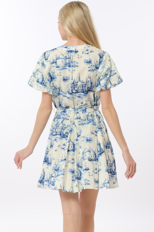 Joy Short Sleeve Belted Button Down Scenic Print Mini Dress Blue