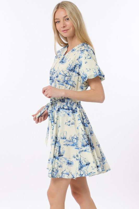 Joy Short Sleeve Belted Button Down Scenic Print Mini Dress Blue