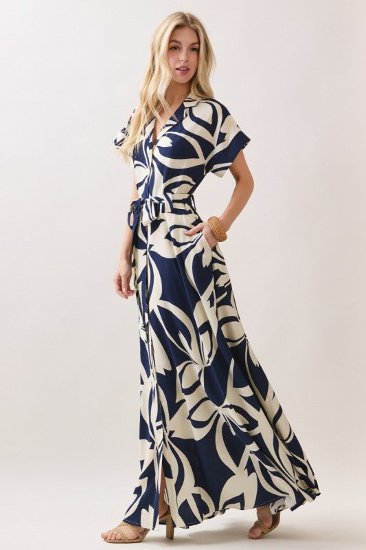 Waitlist 7/3 • Gabby Short Sleeve Waist Tie Floral Print Maxi Dress Navy