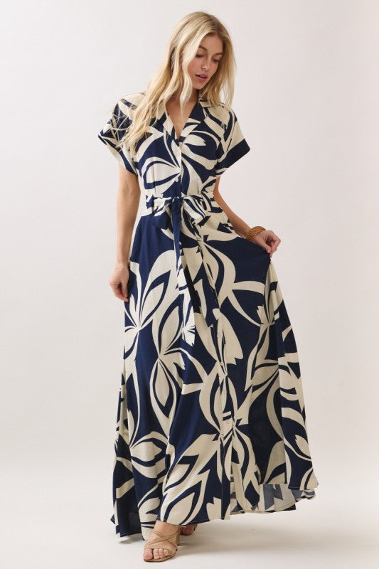 Waitlist 7/3 • Gabby Short Sleeve Waist Tie Floral Print Maxi Dress Navy