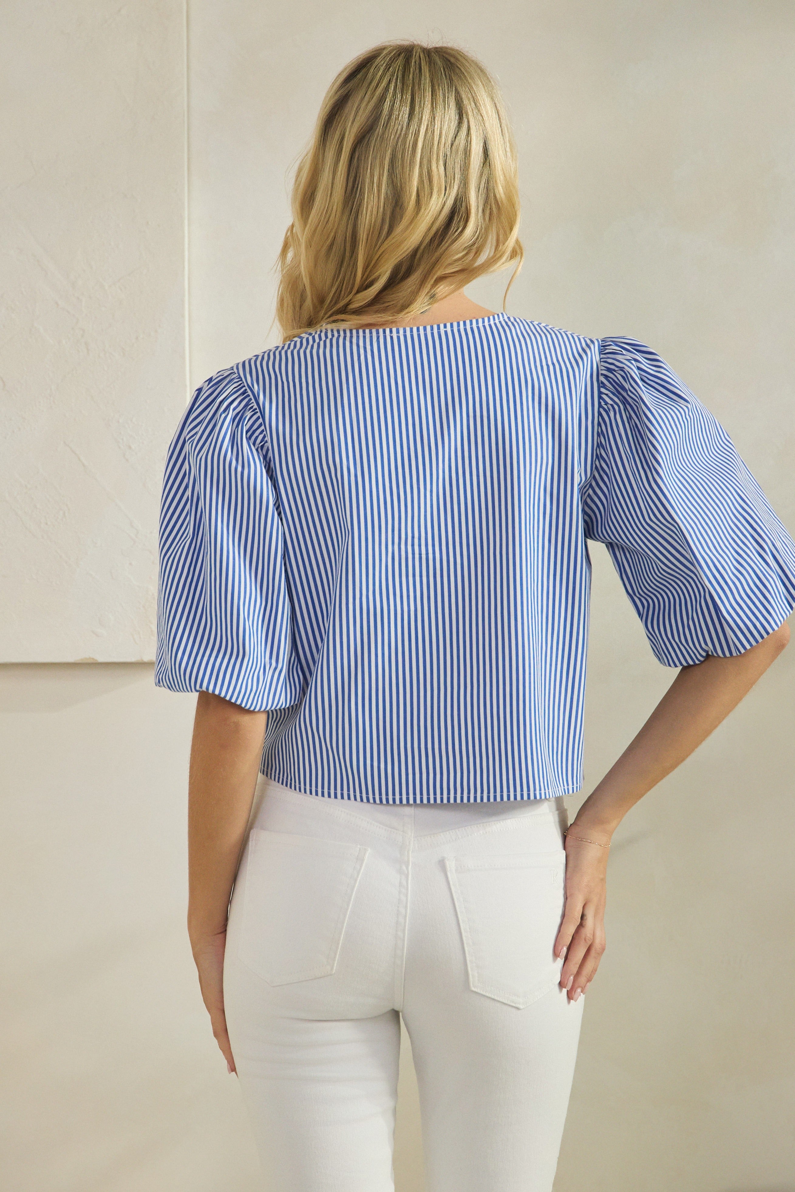 Tyla Short Puff Sleeve Front Tie Stripe Print Top Blue