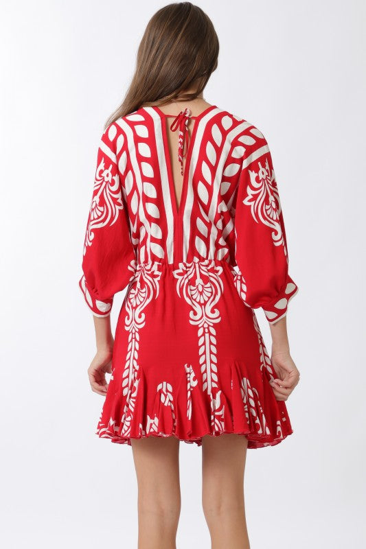 Justine 3/4 Dolman Sleeve Waist Tie Abstract Print Mini Dress Red