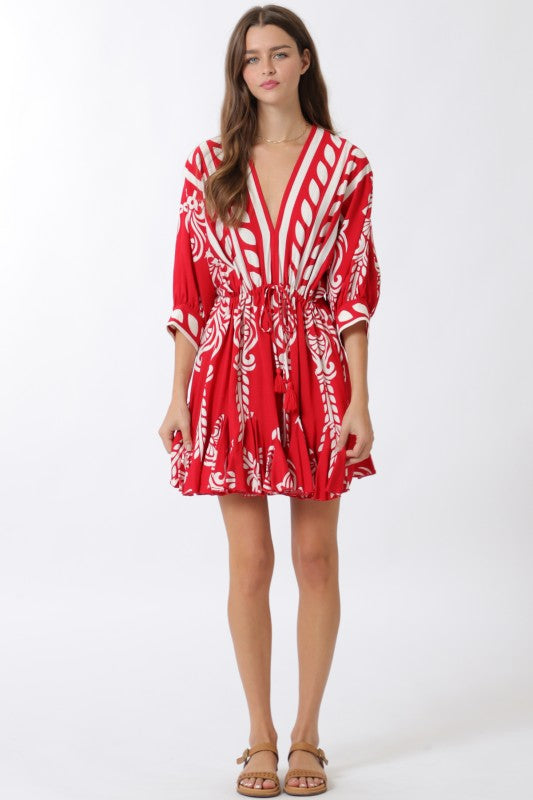 Justine 3/4 Dolman Sleeve Waist Tie Abstract Print Mini Dress Red