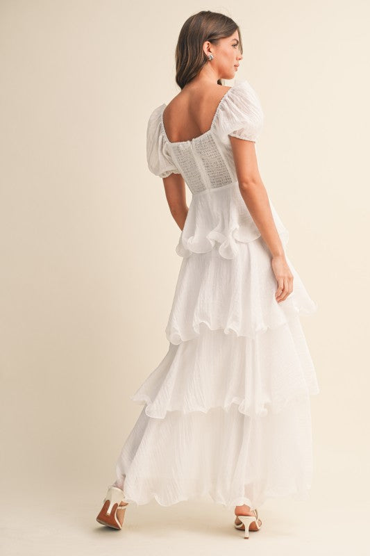 Eden Short Puff Sleeve Tiered Maxi Dress White