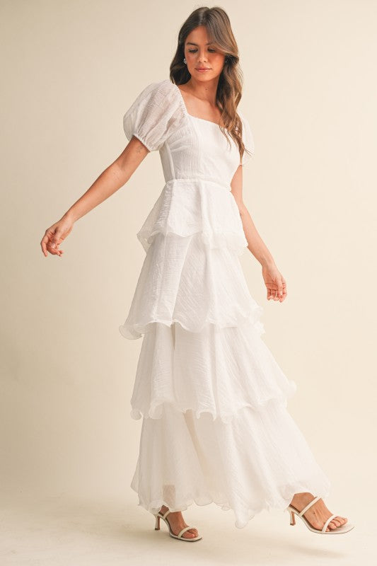Eden Short Puff Sleeve Tiered Maxi Dress White