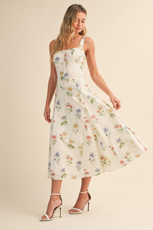 Kariann Sleeveless A-Line Floral Print Midi Dress Cream