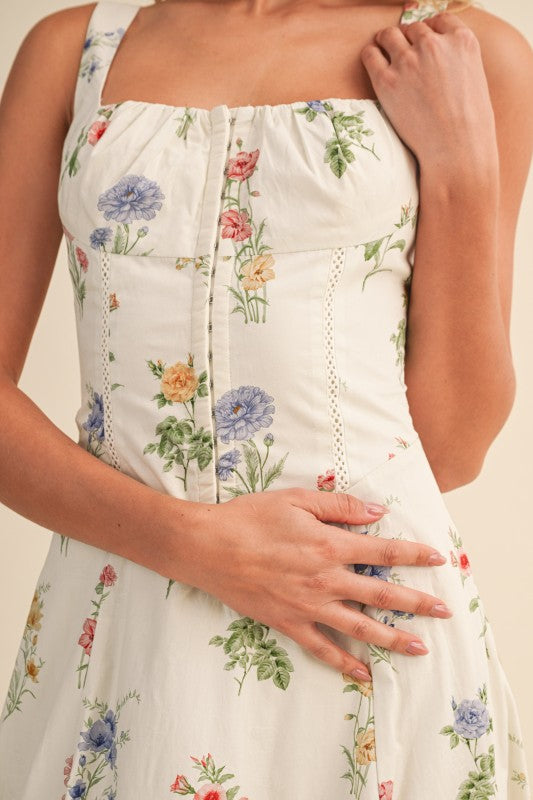 Kariann Sleeveless A-Line Floral Print Midi Dress Cream