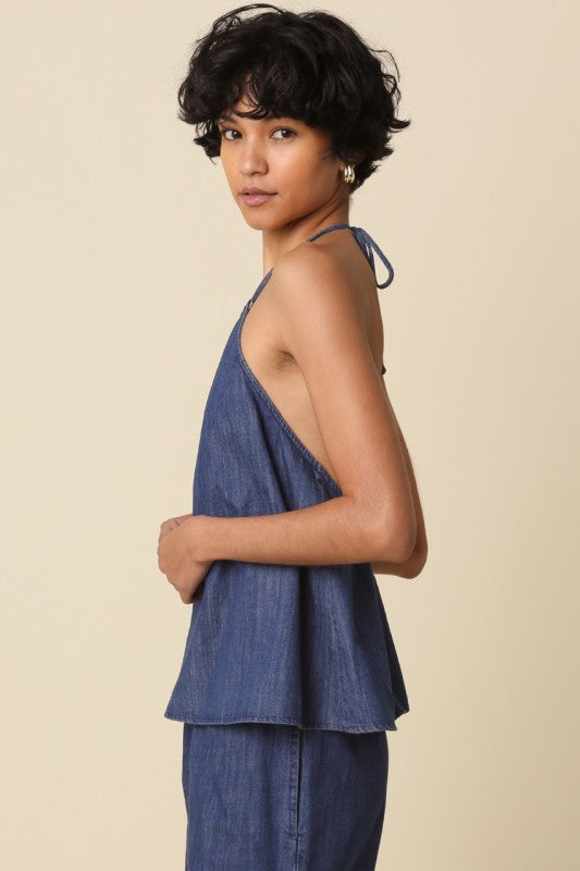 Brinley Sleeveless Halter Back Tie Denim Top Blue