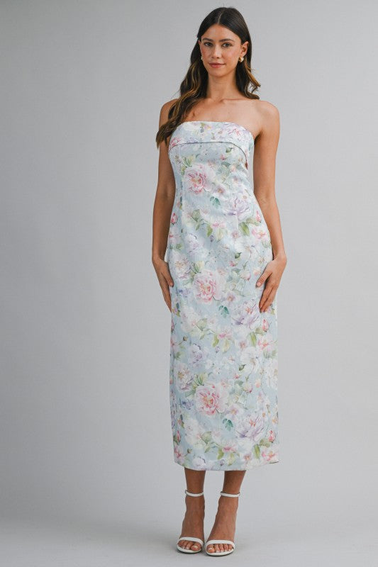 Waitlist 7/5 • Kiara Sleeveless Floral Print Midi Dress Blue