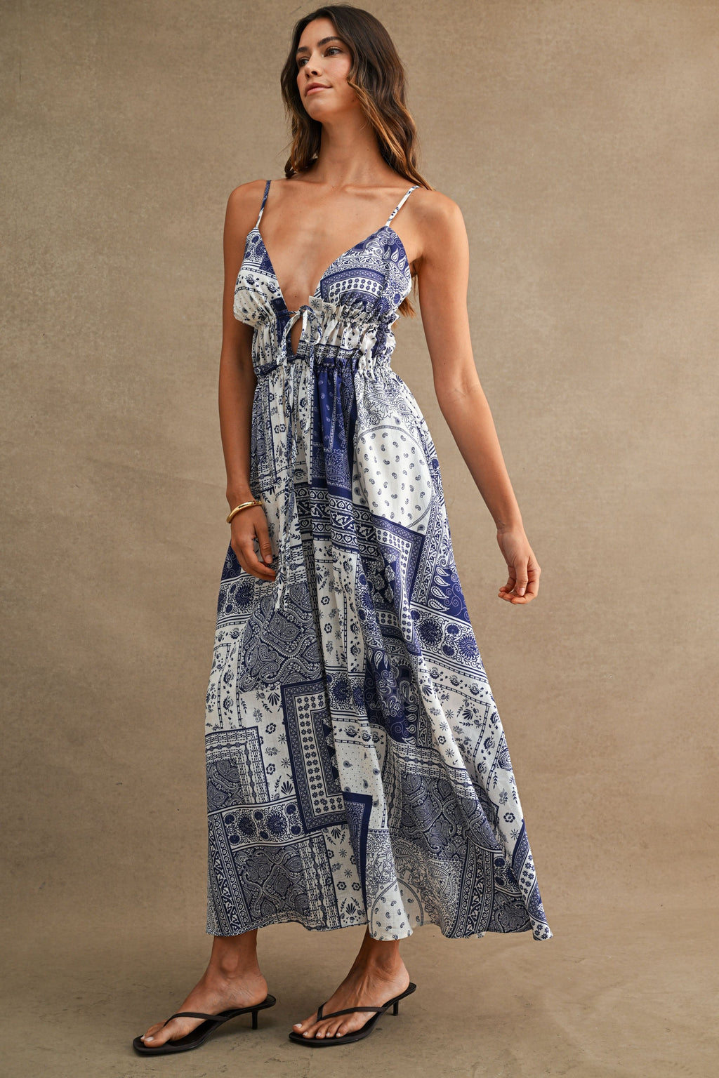 Oriana Sleeveless Patchwork Paisley Print Midi Dress Blue