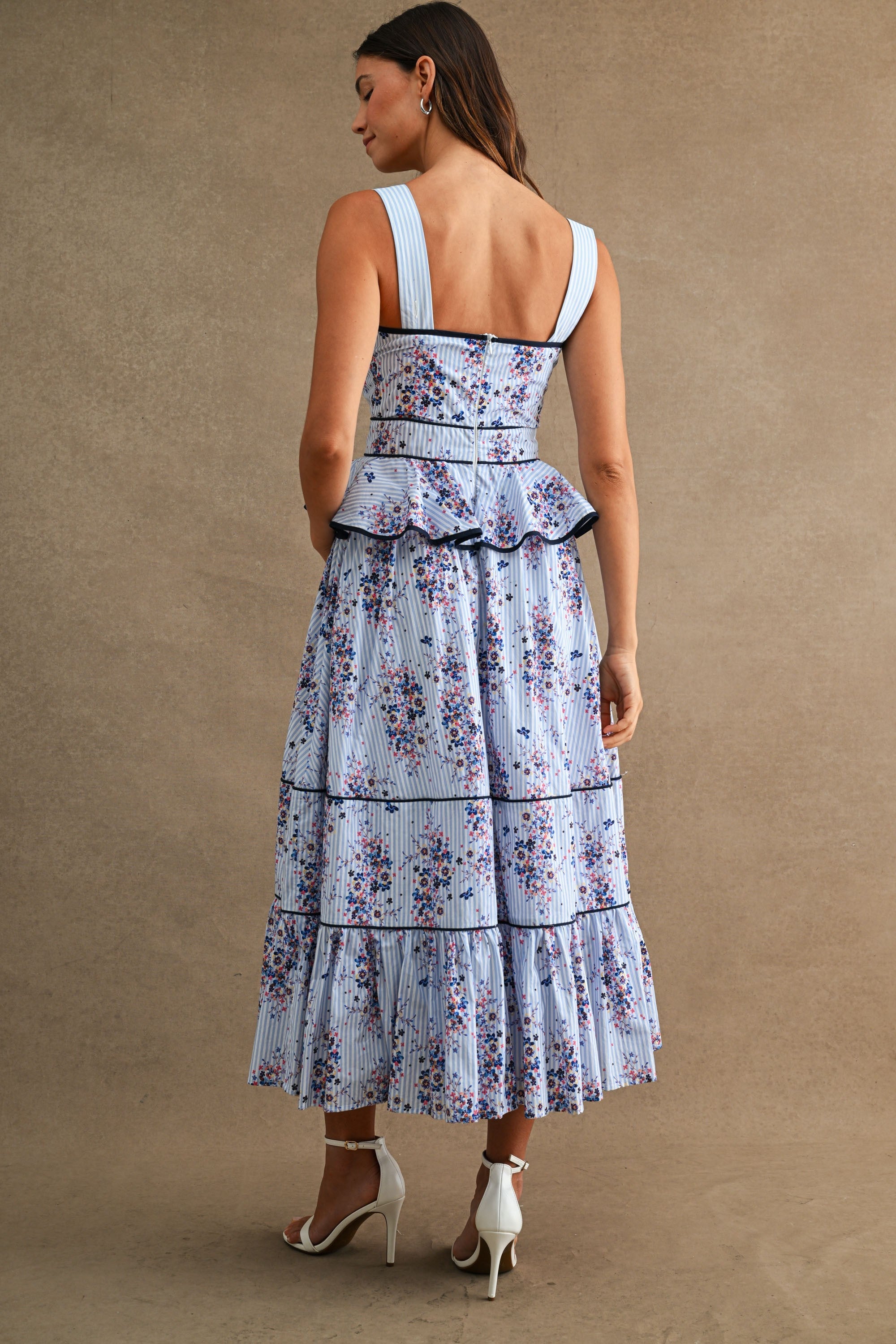 Waitlist 6/20 • Nia Sleeveless Peplum Waist Floral Print Midi Dress Blue