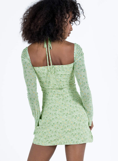 Dyer Sheer Sleeve Mini Dress Green Floral
