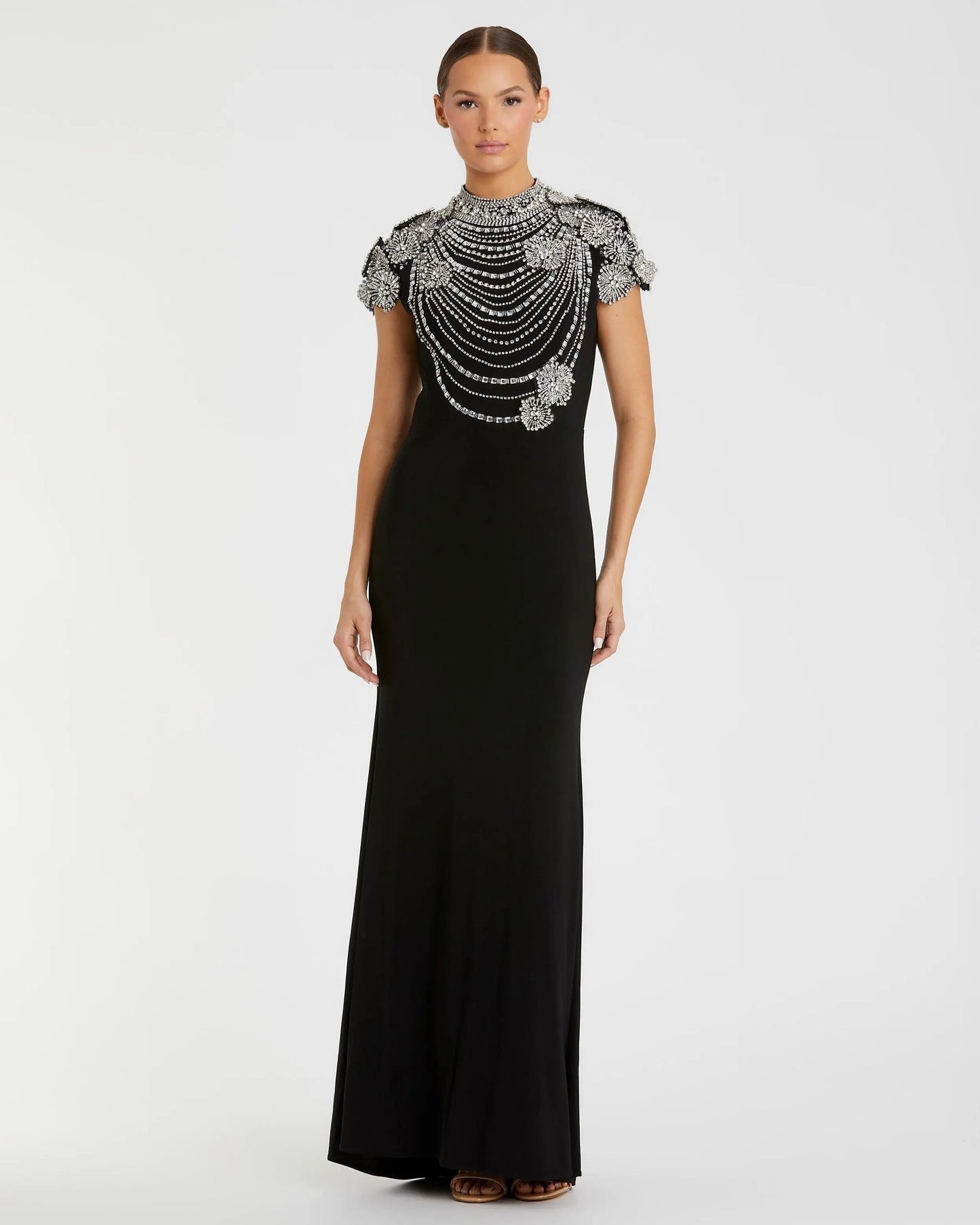 Black High Neck Embellished Column Gown