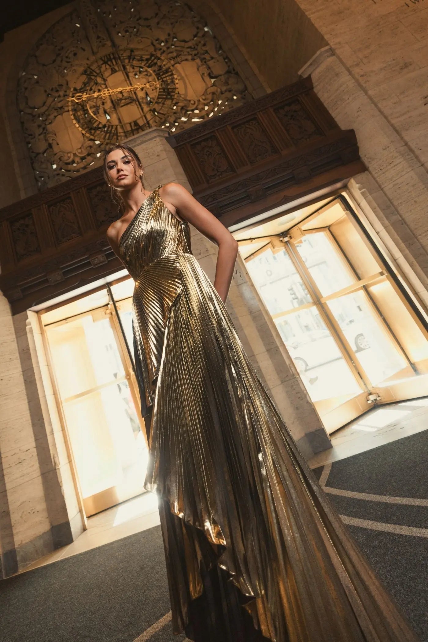 Gold Metallic Pleated One Shoulder Gown