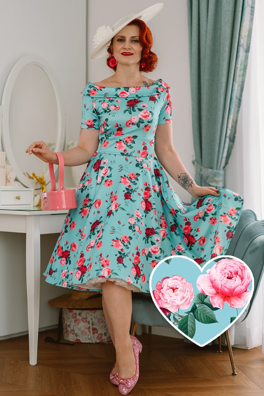 Darlene 50s Style Rose Floral Off Shoulder Swing Dress in Aqua Blue