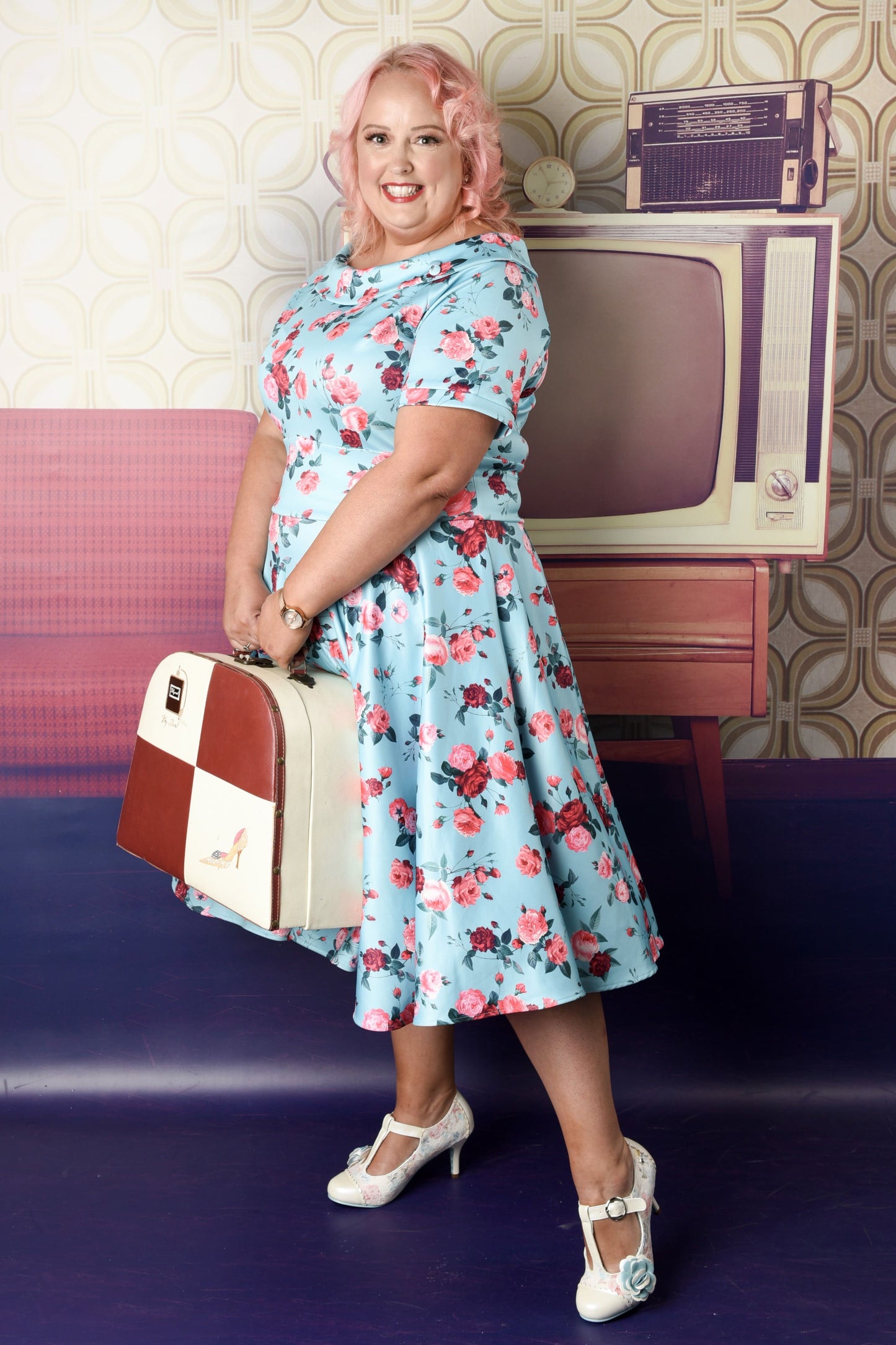 Darlene 50s Style Rose Floral Off Shoulder Swing Dress in Aqua Blue