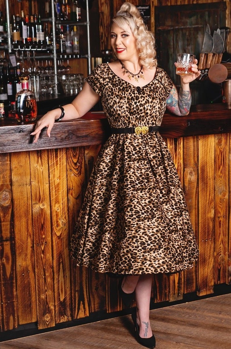 Lily 50s Rockabilly Dress in Brown Leopard Animal Print