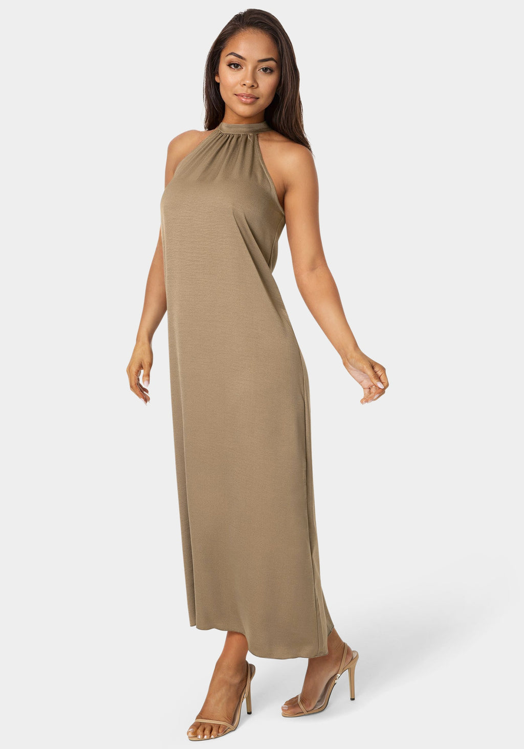 Crushed Satin Mock Neck Maxi Dress