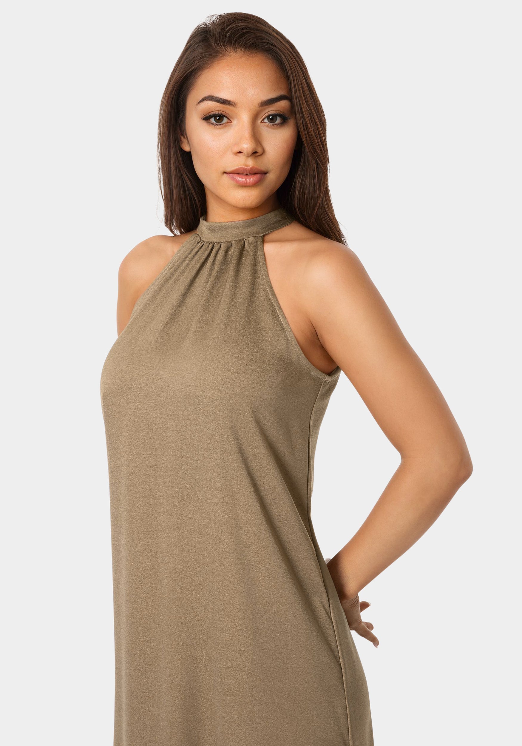 Crushed Satin Mock Neck Maxi Dress