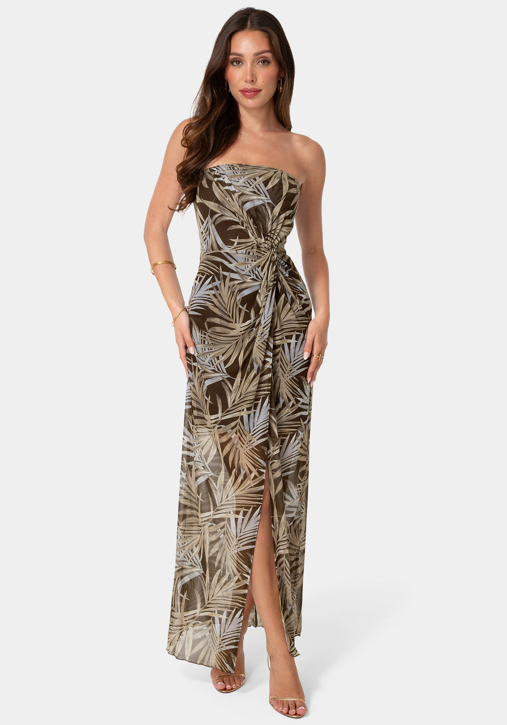 Printed Mesh Twist Waist Strapless Maxi Dress