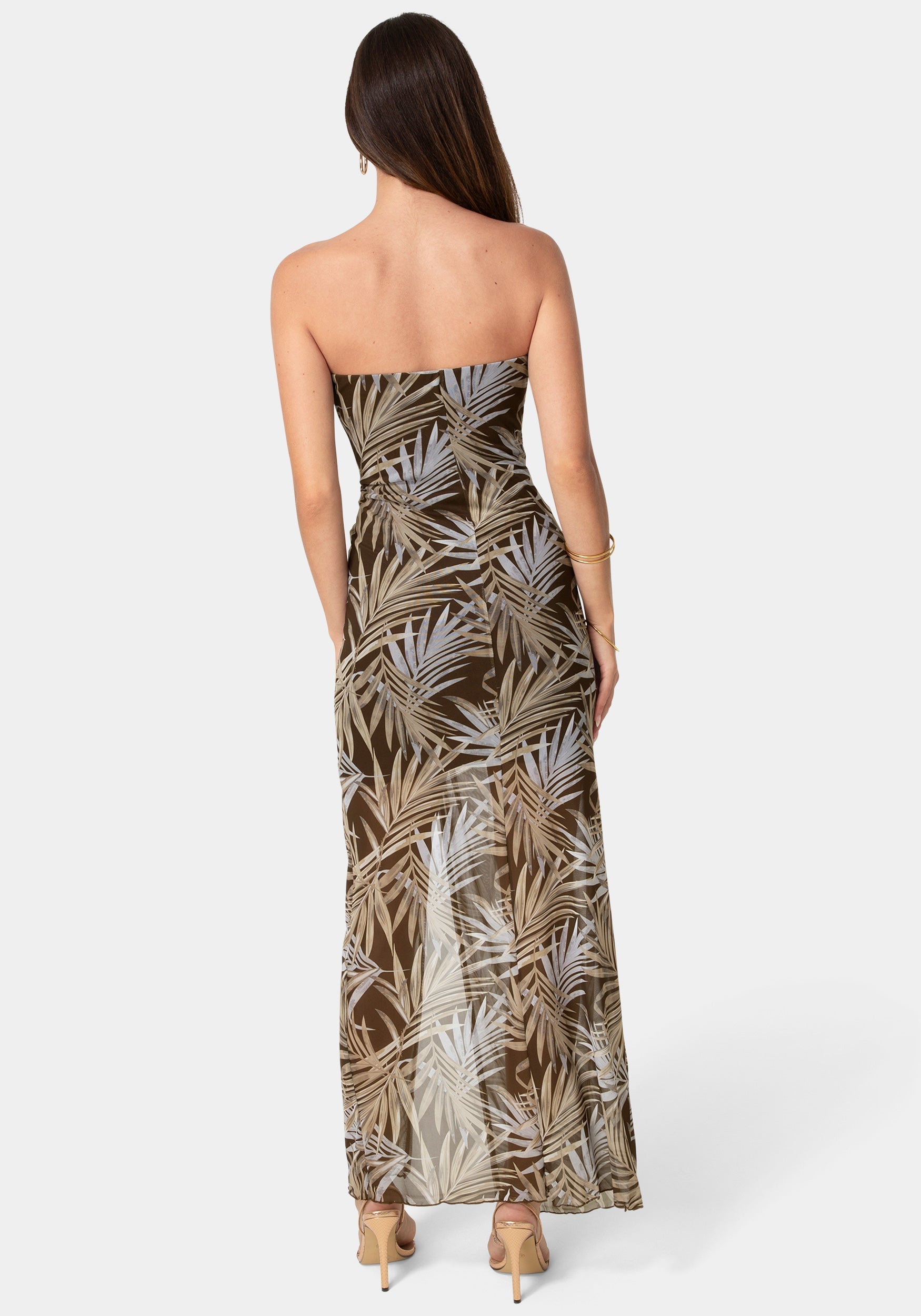 Printed Mesh Twist Waist Strapless Maxi Dress