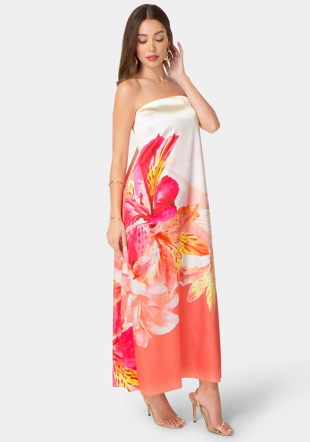 Printed Satin Strapless Maxi Dress