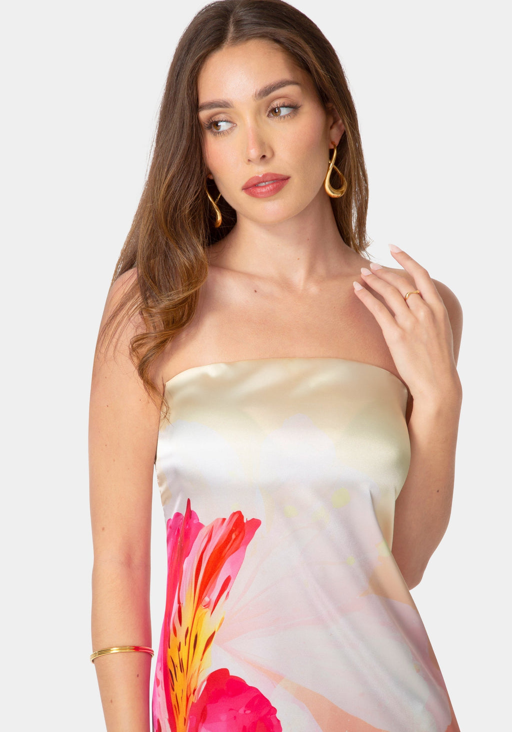 Printed Satin Strapless Maxi Dress