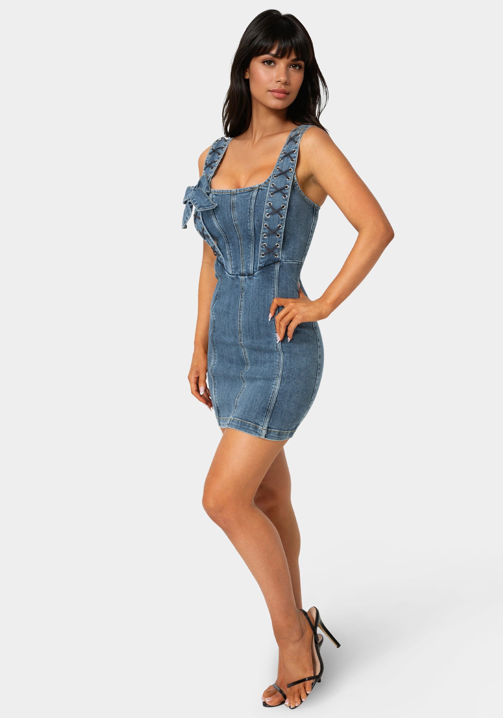 Bow Fitted Eyelet Denim Dress