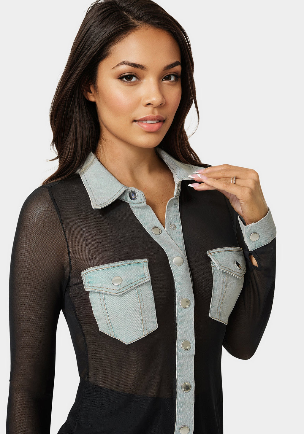 Button Down Mesh Denim Top