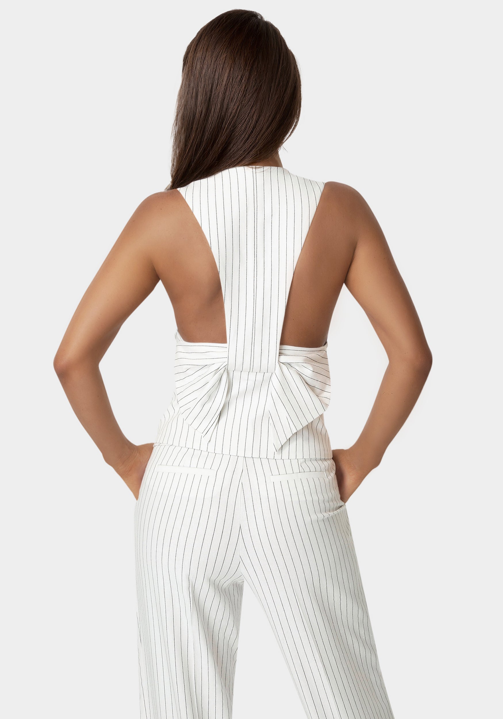 Pinstripe Linen Back Bow Vest
