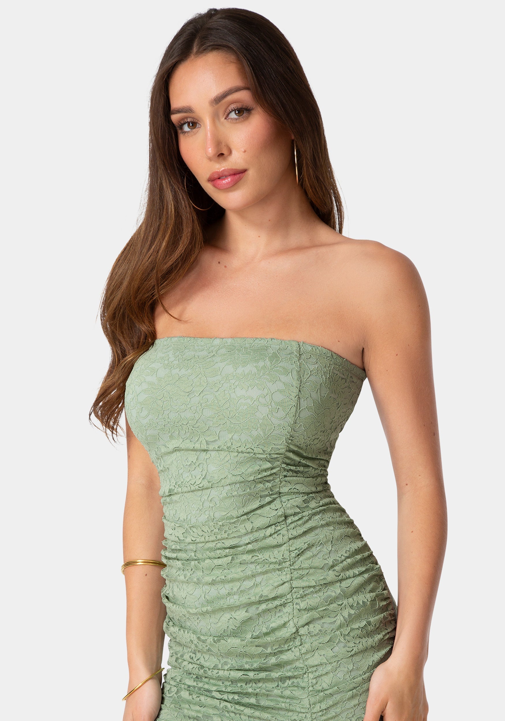 Lace Strapless Ruffle Slit Dress