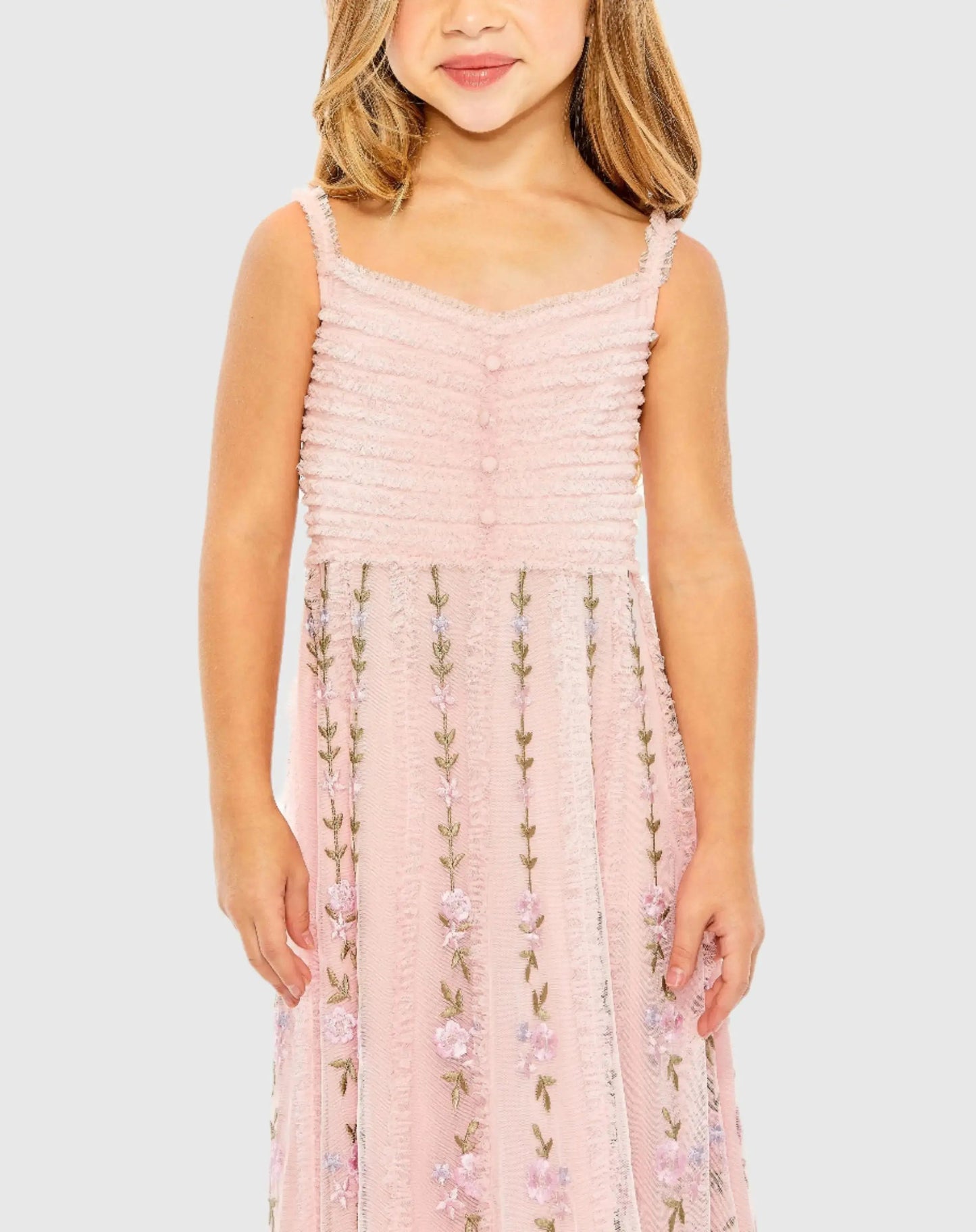 Girls Pink Ruffle Floral Embroidered Detail Midi Dress