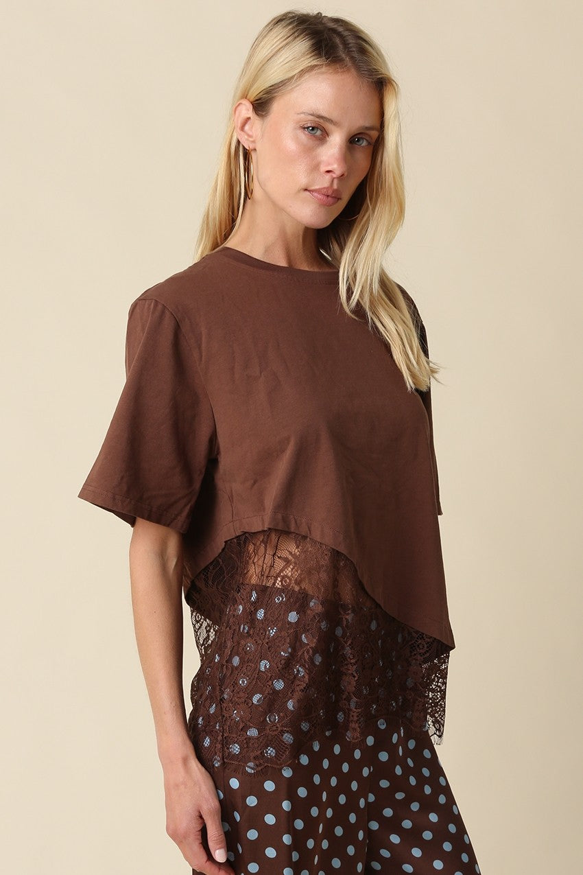 Waitlist 8/5 • Portia Short Sleeve Asymmetrical Lace Top Brown