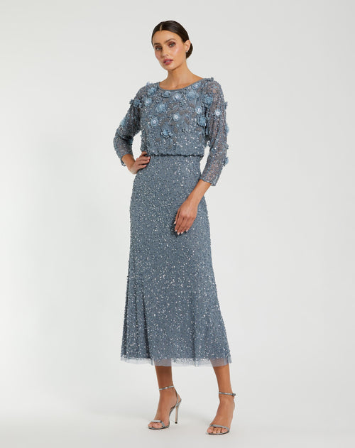 Blue Floral Embellished Midi Dress With 3/4 Sleeves
