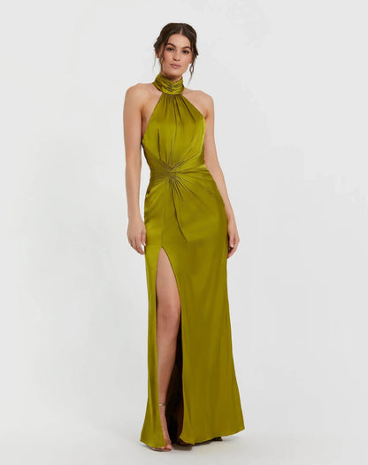 Open Back High Neck Side Ruched Gown