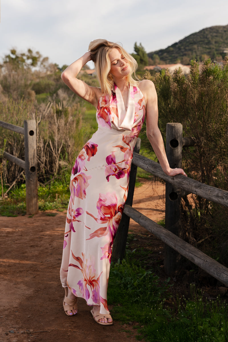 Waitlist 7/26 • Rowan Sleeveless Halter Floral Print Maxi Dress Pink