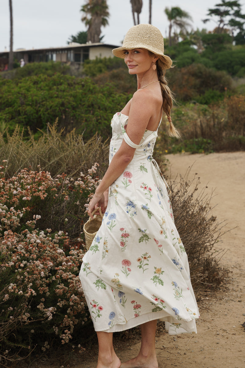 Kariann Sleeveless A-Line Floral Print Midi Dress Cream