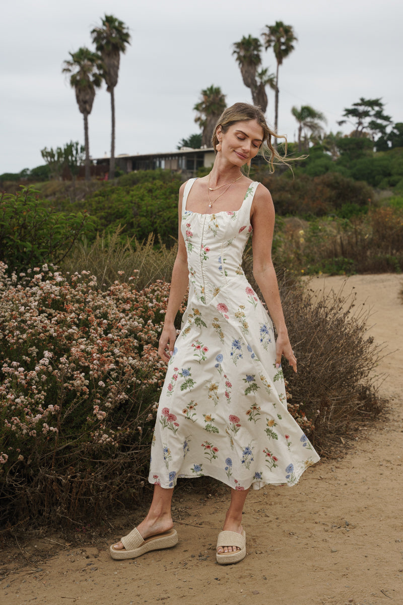 Kariann Sleeveless A-Line Floral Print Midi Dress Cream
