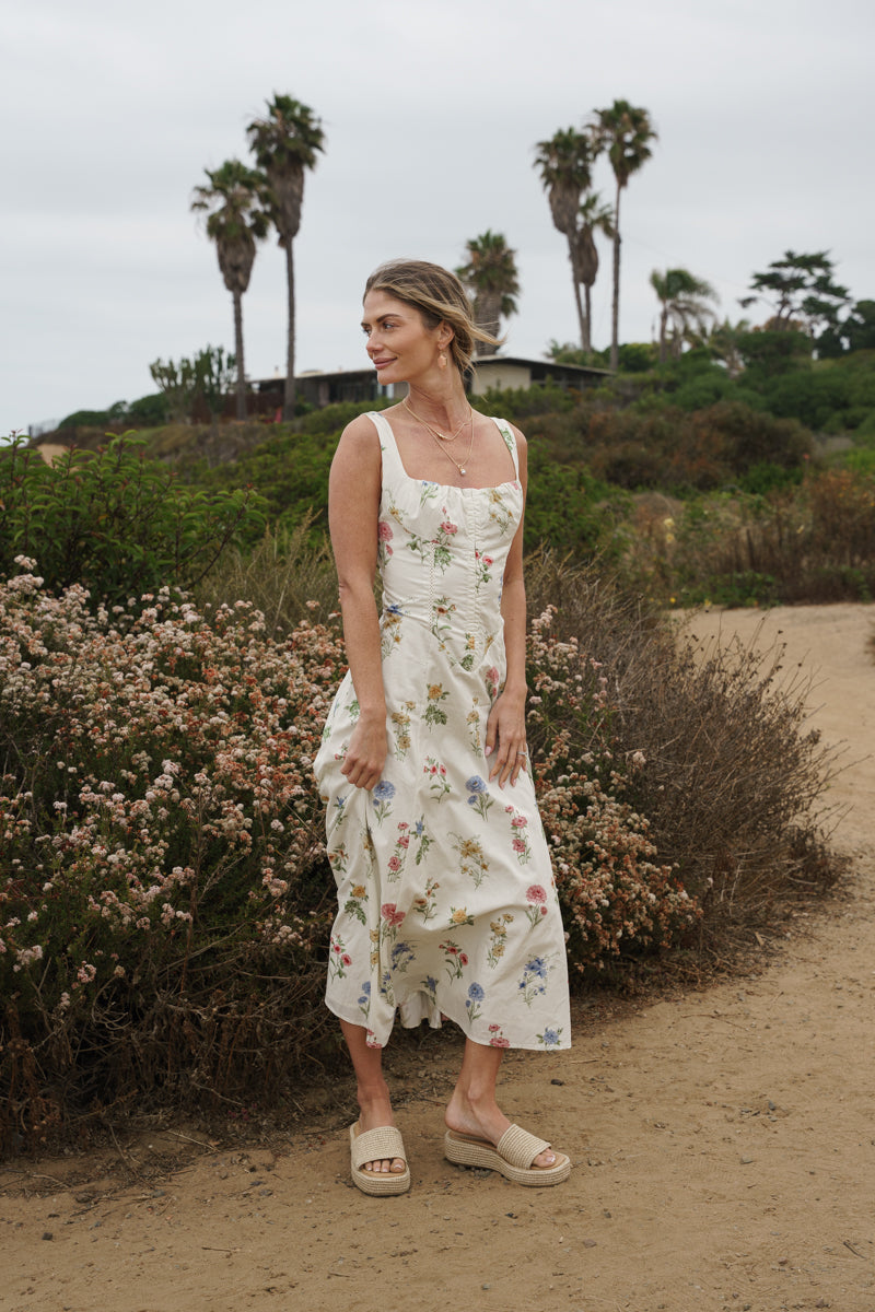 Kariann Sleeveless A-Line Floral Print Midi Dress Cream