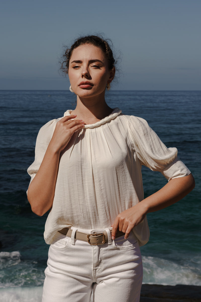 Jane Contrast Stitched Knob Bar Buckle Belt Khaki