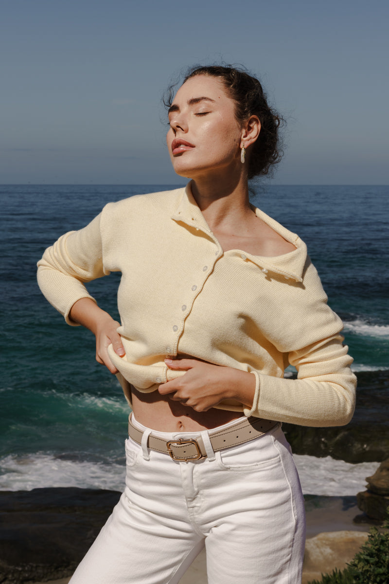 Jane Contrast Stitched Knob Bar Buckle Belt Khaki